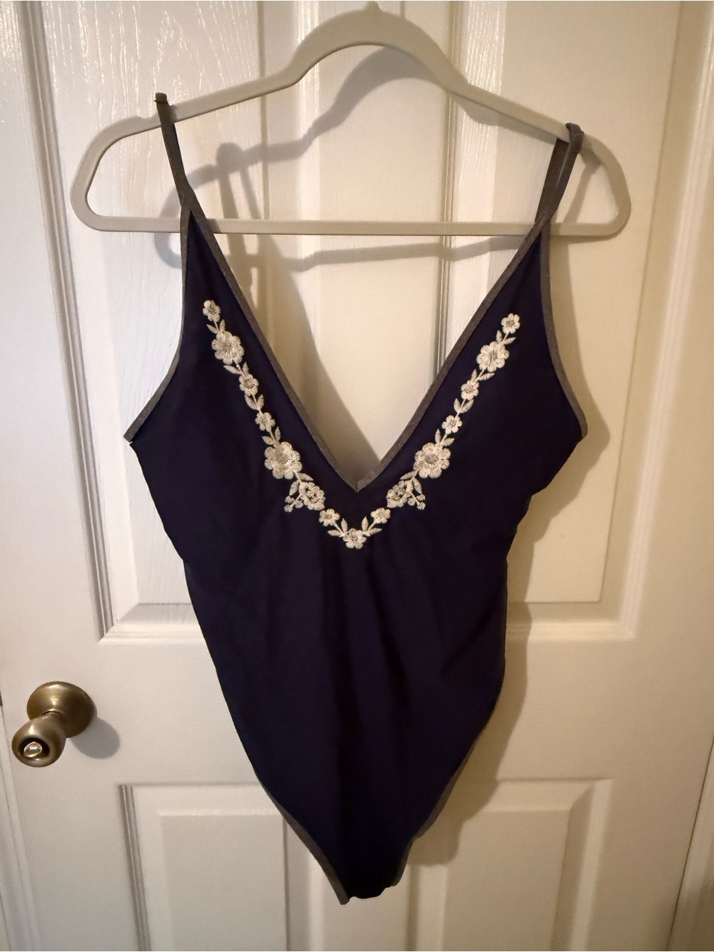 aerie Navy one piece swimsuit with White Floral Embroidery
